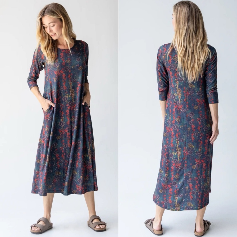 Natural Life Boho Chic Lottie Midi Dress Watercolor Floral Pockets Size XL